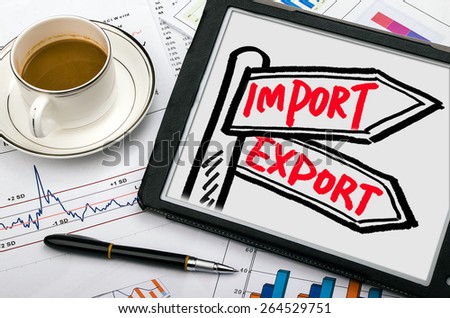 import and export concept signpost hand drawing on tablet pc