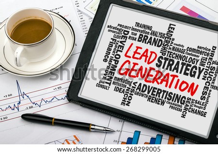 lead generation concept handwritten on tablet pc with related words cloud