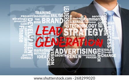 lead generation concept handwritten by businessman with related words cloud