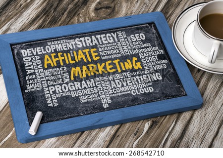 affiliate marketing concept handwritten on blackboard with related words cloud
