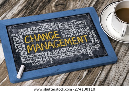 change management with related word cloud handwritten on blackboard