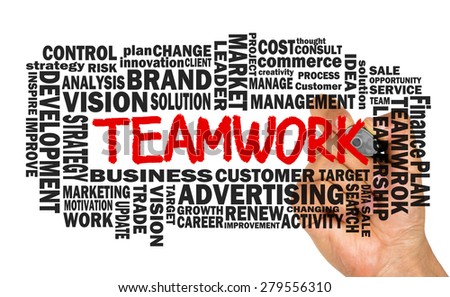 teamwork concept with business word cloud hand drawn on whiteboard