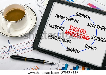 digital marketing circle concept hand drawn on tablet pc