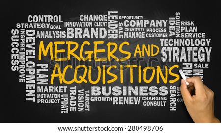 mergers and acquisitions concept with business word cloud handwritten on blackboard