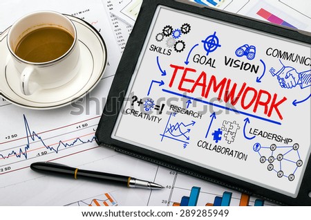 teamwork concept chart with business elements hand drawn on tablet pc
