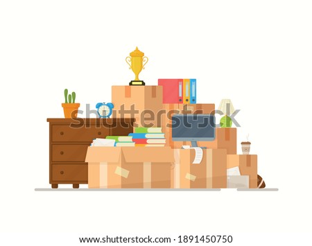 Paper cardboard boxes with various household items.