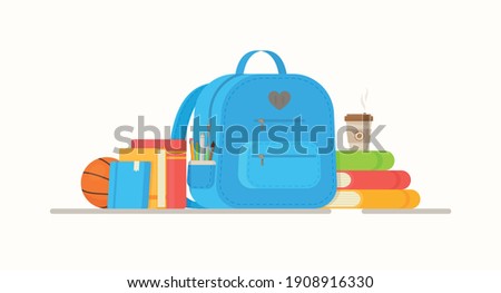 Recess at school. Vector illustration of gathering for school. Backpack filled with stationery. The academic year.