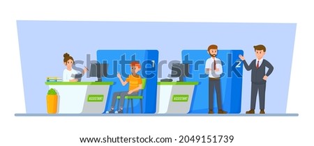 Vector illustration of bank day. Client and bank teller at the cash register window. 