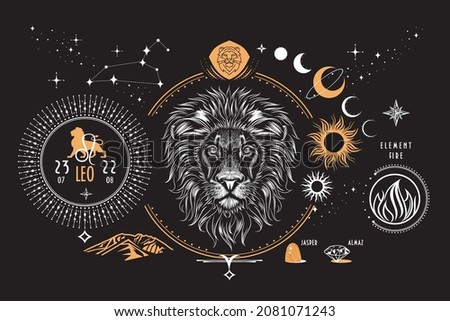The astrological sign of the zodiac is Leo. Realistic hand drawing of a lion's head on a dark background. Zodiac characteristic, stars, constellation, stones, symbols, icons.
