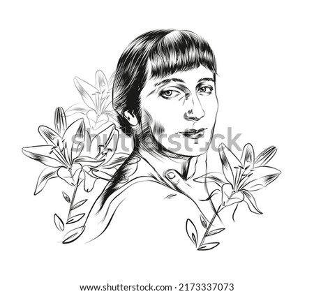 Portrait of the poetess Anna Akhmatova in lilies. A representative of the Silver Age, translator and literary critic of the 20th century. Realistic vector technique