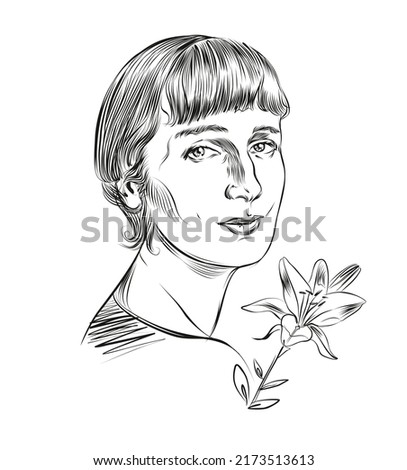 Tender portrait of Anna Akhmatova with a flower. A representative of the Silver Age, translator and literary critic of the 20th century. Realistic vector technique