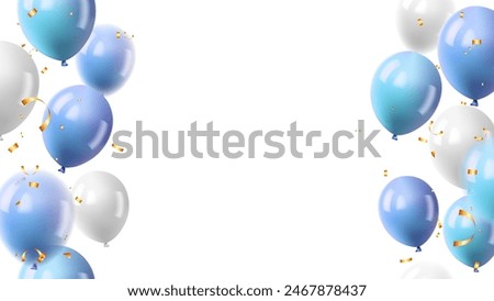 Holiday frame template festive background with blue and white flying balloon. holiday