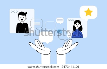 Illustration of two people in chat windows exchanging messages and feedback, represented by speech bubbles and a star, set against a light blue background.