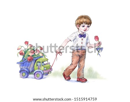 Watercolor colorful painting little elegant with a bow-tie boy son is carrying bouquet of tulips on a toy car truck. Isolated on a white background. greeting card for women moms congratulation design