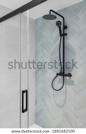 Modern shower zone with rain head, hand held shower and glass door. Light blue and white tiles in the bathroom.