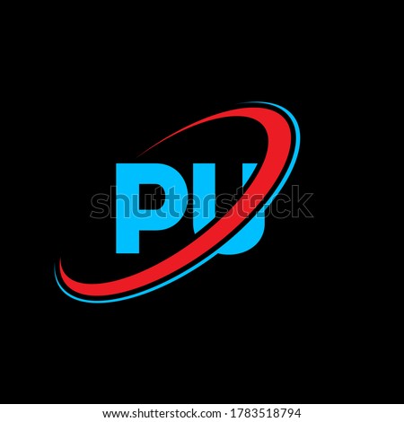 PU P U letter logo design. Initial letter PU linked circle uppercase monogram logo red and blue. PU logo, P U design. pu, p u Imagine de stoc © 