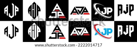 AJP letter logo design in six style. AJP polygon, circle, triangle, hexagon, flat and simple style with black and white color variation letter logo set in one artboard. AJP minimalist and classic logo