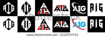 AIG letter logo design in six style. AIG polygon, circle, triangle, hexagon, flat and simple style with black and white color variation letter logo set in one artboard. AIG minimalist and classic logo