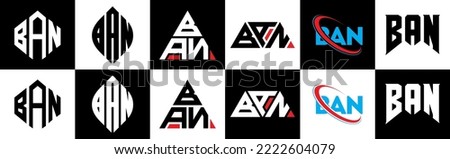 BAN letter logo design in six style. BAN polygon, circle, triangle, hexagon, flat and simple style with black and white color variation letter logo set in one artboard. BAN minimalist and classic logo Stock fotó © 