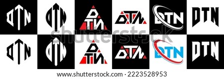 DTN letter logo design in six style. DTN polygon, circle, triangle, hexagon, flat and simple style with black and white color variation letter logo set in one artboard. DTN minimalist and classic logo