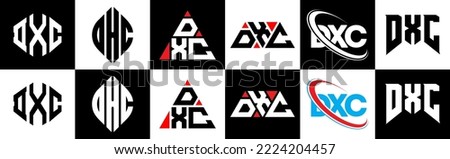 DXC letter logo design in six style. DXC polygon, circle, triangle, hexagon, flat and simple style with black and white color variation letter logo set in one artboard. DXC minimalist and classic logo