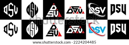 DSV letter logo design in six style. DSV polygon, circle, triangle, hexagon, flat and simple style with black and white color variation letter logo set in one artboard. DSV minimalist and classic logo