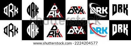 DRK letter logo design in six style. DRK polygon, circle, triangle, hexagon, flat and simple style with black and white color variation letter logo set in one artboard. DRK minimalist and classic logo
