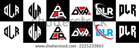 DLR letter logo design in six style. DLR polygon, circle, triangle, hexagon, flat and simple style with black and white color variation letter logo set in one artboard. DLR minimalist and classic logo