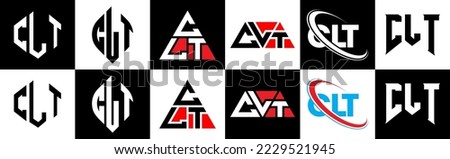 CLT letter logo design in six style. CLT polygon, circle, triangle, hexagon, flat and simple style with black and white color variation letter logo set in one artboard. CLT minimalist and classic logo