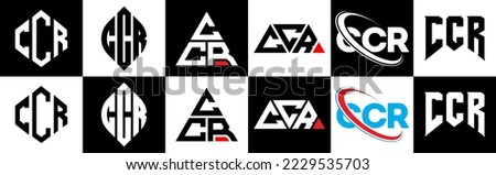 CCR letter logo design in six style. CCR polygon, circle, triangle, hexagon, flat and simple style with black and white color variation letter logo set in one artboard. CCR minimalist and classic logo