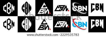 CBN letter logo design in six style. CBN polygon, circle, triangle, hexagon, flat and simple style with black and white color variation letter logo set in one artboard. CBN minimalist and classic logo