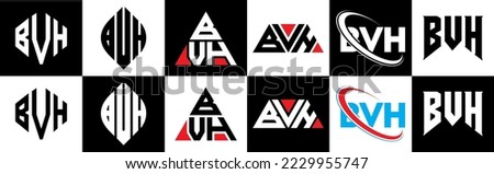 BVH letter logo design in six style. BVH polygon, circle, triangle, hexagon, flat and simple style with black and white color variation letter logo set in one artboard. BVH minimalist and classic logo