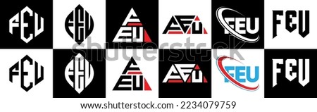 FEU letter logo design in six style. FEU polygon, circle, triangle, hexagon, flat and simple style with black and white color variation letter logo set in one artboard. FEU minimalist and classic logo