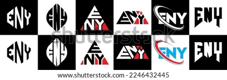ENY letter logo design in six style. ENY polygon, circle, triangle, hexagon, flat and simple style with black and white color variation letter logo set in one artboard. ENY minimalist and classic logo