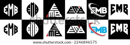 EMB letter logo design in six style. EMB polygon, circle, triangle, hexagon, flat and simple style with black and white color variation letter logo set in one artboard. EMB minimalist and classic logo