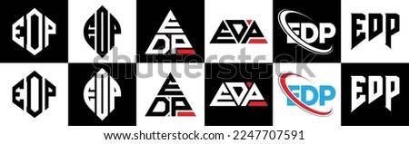 EDP letter logo design in six style. EDP polygon, circle, triangle, hexagon, flat and simple style with black and white color variation letter logo set in one artboard. EDP minimalist and classic logo