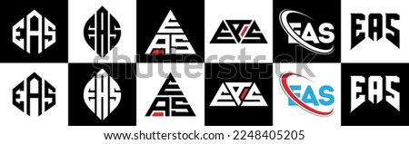EAS letter logo design in six style. EAS polygon, circle, triangle, hexagon, flat and simple style with black and white color variation letter logo set in one artboard. EAS minimalist and classic logo