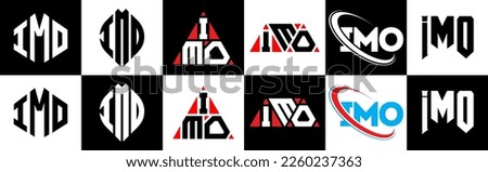 IMO letter logo design in six style. IMO polygon, circle, triangle, hexagon, flat and simple style with black and white color variation letter logo set in one artboard. IMO minimalist and classic logo