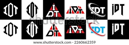 IDT letter logo design in six style. IDT polygon, circle, triangle, hexagon, flat and simple style with black and white color variation letter logo set in one artboard. IDT minimalist and classic logo