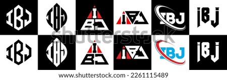 IBJ letter logo design in six style. IBJ polygon, circle, triangle, hexagon, flat and simple style with black and white color variation letter logo set in one artboard. IBJ minimalist and classic logo