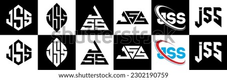 JSS letter logo design in six style. JSS polygon, circle, triangle, hexagon, flat and simple style with black and white color variation letter logo set in one artboard. JSS minimalist and classic logo