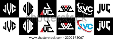 JVC letter logo design in six style. JVC polygon, circle, triangle, hexagon, flat and simple style with black and white color variation letter logo set in one artboard. JVC minimalist and classic logo