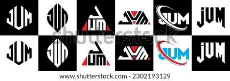 JUM letter logo design in six style. JUM polygon, circle, triangle, hexagon, flat and simple style with black and white color variation letter logo set in one artboard. JUM minimalist and classic logo