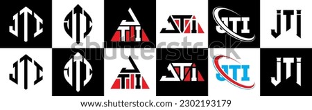 JTI letter logo design in six style. JTI polygon, circle, triangle, hexagon, flat and simple style with black and white color variation letter logo set in one artboard. JTI minimalist and classic logo