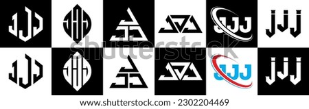 JJJ letter logo design in six style. JJJ polygon, circle, triangle, hexagon, flat and simple style with black and white color variation letter logo set in one artboard. JJJ minimalist and classic logo