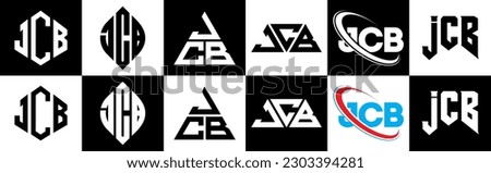 JCB letter logo design in six style. JCB polygon, circle, triangle, hexagon, flat and simple style with black and white color variation letter logo set in one artboard. JCB minimalist and classic logo