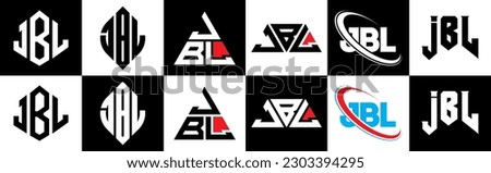 JBL letter logo design in six style. JBL polygon, circle, triangle, hexagon, flat and simple style with black and white color variation letter logo set in one artboard. JBL minimalist and classic logo