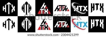 HTX letter logo design in six style. HTX polygon, circle, triangle, hexagon, flat and simple style with black and white color variation letter logo set in one artboard. HTX minimalist and classic logo