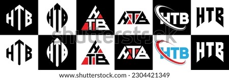 HTB letter logo design in six style. HTB polygon, circle, triangle, hexagon, flat and simple style with black and white color variation letter logo set in one artboard. HTB minimalist and classic logo