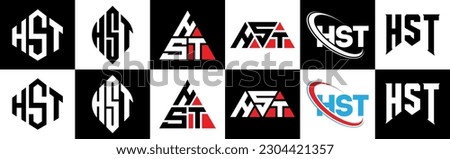 HST letter logo design in six style. HST polygon, circle, triangle, hexagon, flat and simple style with black and white color variation letter logo set in one artboard. HST minimalist and classic logo